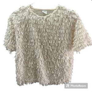 ZARA Girls Fringe Cream Textured Short Sleeve Top/Blouse sz 11-12
